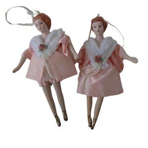 Bisque Dolls Hanging Ornaments Pink Dress Set of 2 - 8" Tall